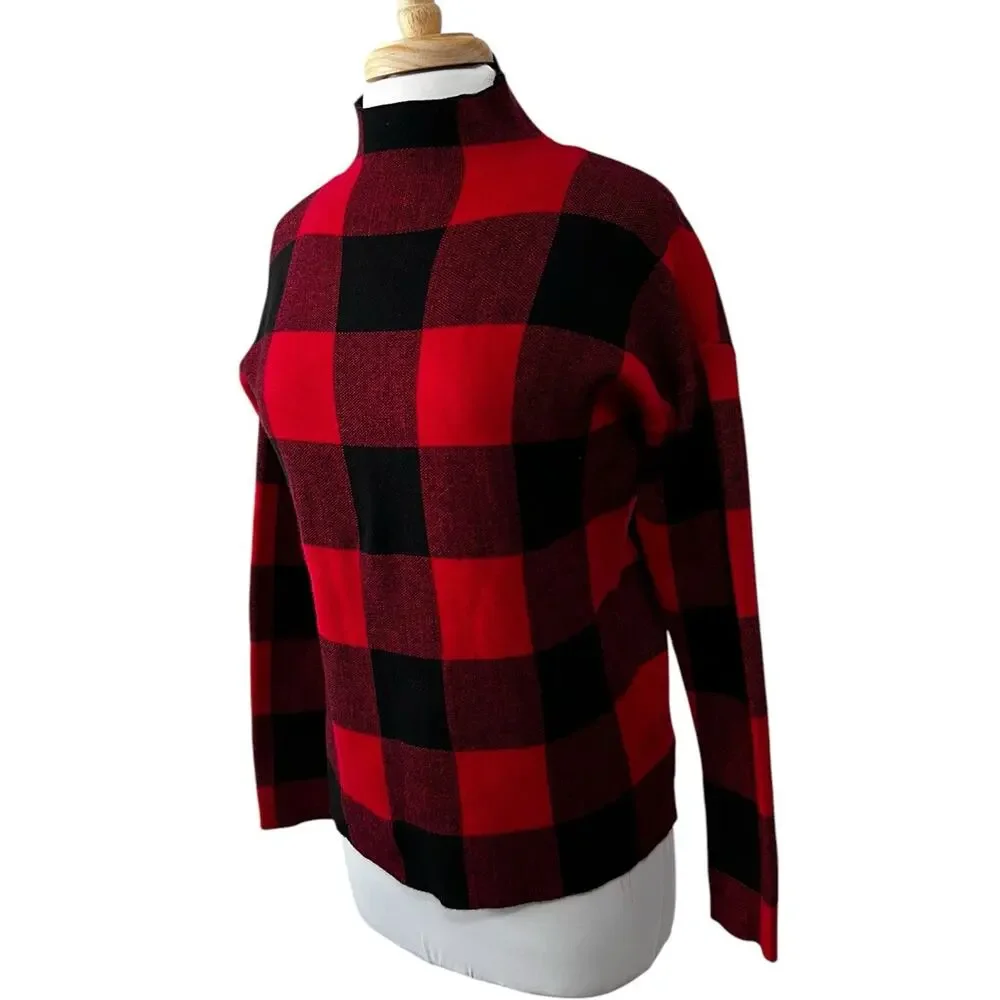 Tommy Bahama Red Black Y2K Buffalo Plaid Mock Neck Sweater Womens Small